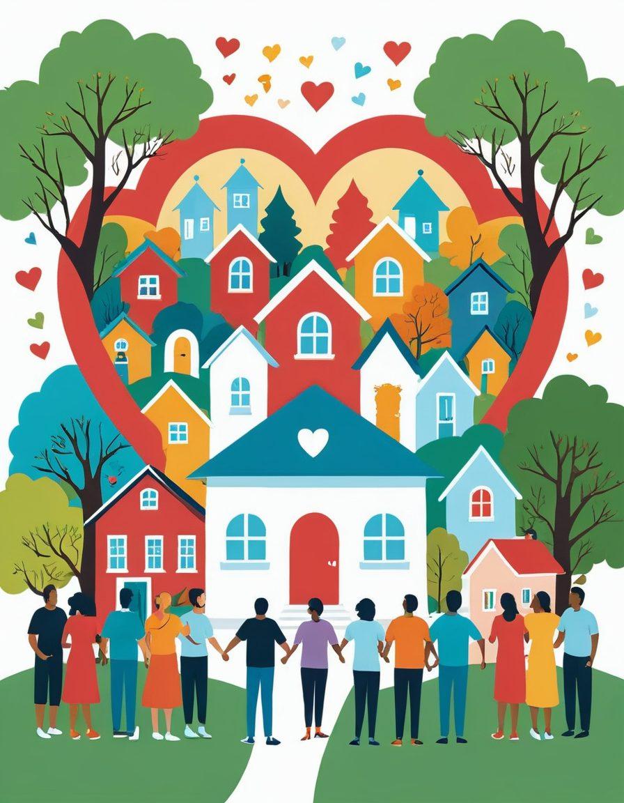 A warm illustration of a diverse community gathered around a central figure symbolizing trust, represented by a giant heart with a shield in the background. Homes and trees are visible, signifying security and care. Hands are interlocked among the community members, showcasing unity. Soft, inviting colors emphasize a feeling of safety and connection. vector art. vibrant colors. white background.