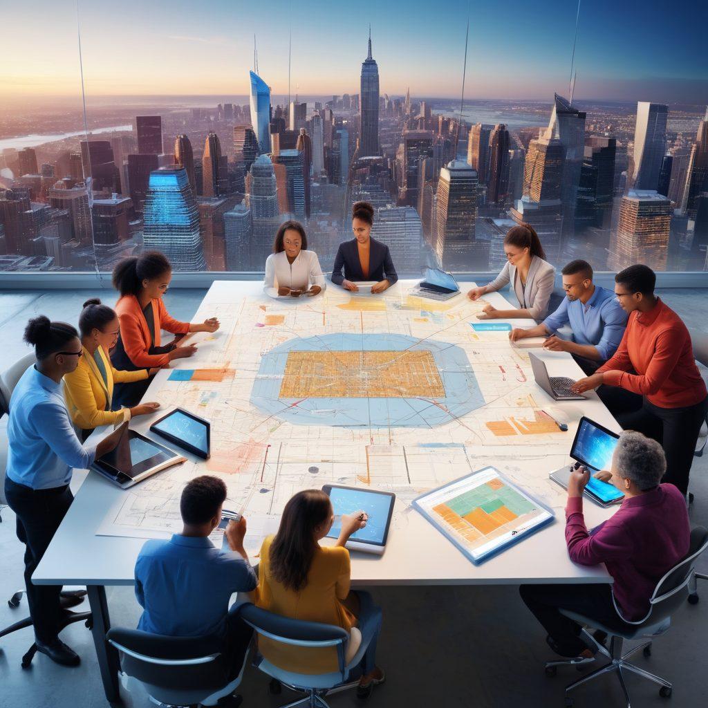 A diverse group of people collaborating around a large table filled with blueprints and digital devices, symbolizing community involvement in risk management. The backdrop features a city skyline with protective barriers, illustrating safety and trust. Bright colors to evoke a sense of hope and community, with an abstract representation of data analytics overlaying the scene. super-realistic. vibrant colors.